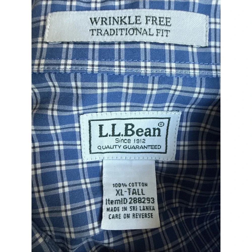 LL BEAN Men Shirt‎ XL TALL Check Teal Wrinkle Free Preppy Button Down